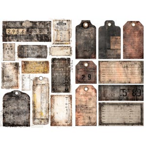 May include: A collection of vintage-style paper tags and labels with a distressed, aged appearance. The tags vary in shape and size, featuring numbers, text, and a worn, sepia-toned color palette. Some tags have a hole for hanging.