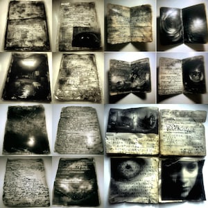 Peut inclure: Une collection de documents en papier vieillis, comprenant des pages manuscrites et de petits livres reliés. Les images sont en nuances de gris et de noir, avec une esthétique vintage et gothique. Certaines pages présentent des illustrations.