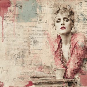 Puede incluir: Obra de arte de t&eacute;cnica mixta que presenta a una mujer con l&aacute;piz labial rojo y una blusa rosa, sobre un fondo de papel envejecido con texto manuscrito y salpicaduras de pintura. Una peque&ntilde;a taza blanca est&aacute; sobre una superficie de madera.