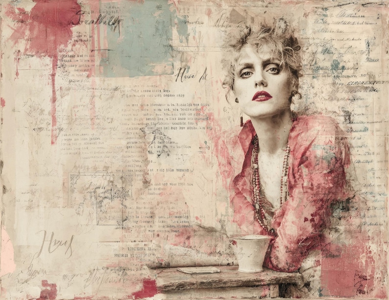 Puede incluir: Obra de arte de t&eacute;cnica mixta que presenta a una mujer con l&aacute;piz labial rojo y una blusa rosa, sobre un fondo de papel envejecido con texto manuscrito y salpicaduras de pintura. Una peque&ntilde;a taza blanca est&aacute; sobre una superficie de madera.