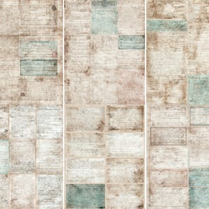 May include: A collage of aged paper with handwritten script and rectangular inserts. The paper has a sepia tone with areas of light blue and pink. The script is in a cursive style, and the inserts have decorative borders.