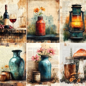 May include: A collection of watercolor paintings featuring rustic themes. One shows a wine bottle, glass, and grapes. Another depicts a red jar with flowers. A lantern, vases, and a mushroom are also shown.