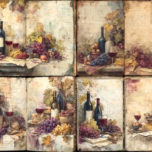 Puede incluir: Pintura a la acuarela de botellas de vino, copas y uvas. La imagen presenta varias botellas, incluyendo de vidrio rojo y oscuro, junto a copas de vino llenas. Racimos de uvas rojas y amarillas están dispuestos sobre una mesa, evocando una naturaleza muerta.