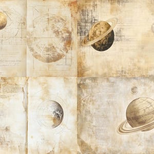 May include: A vintage-style parchment background featuring six celestial illustrations of planets and rings. The artwork includes technical sketches, faint grid lines, and weathered brown textures that resemble aged paper with handwritten notes.
