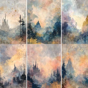May include: A set of six watercolor art prints featuring fairytale castles nestled in misty forests. The artwork uses a soft color palette of blues, golds, and pinks, with a dreamy, ethereal quality. The prints evoke a sense of fantasy and wonder.