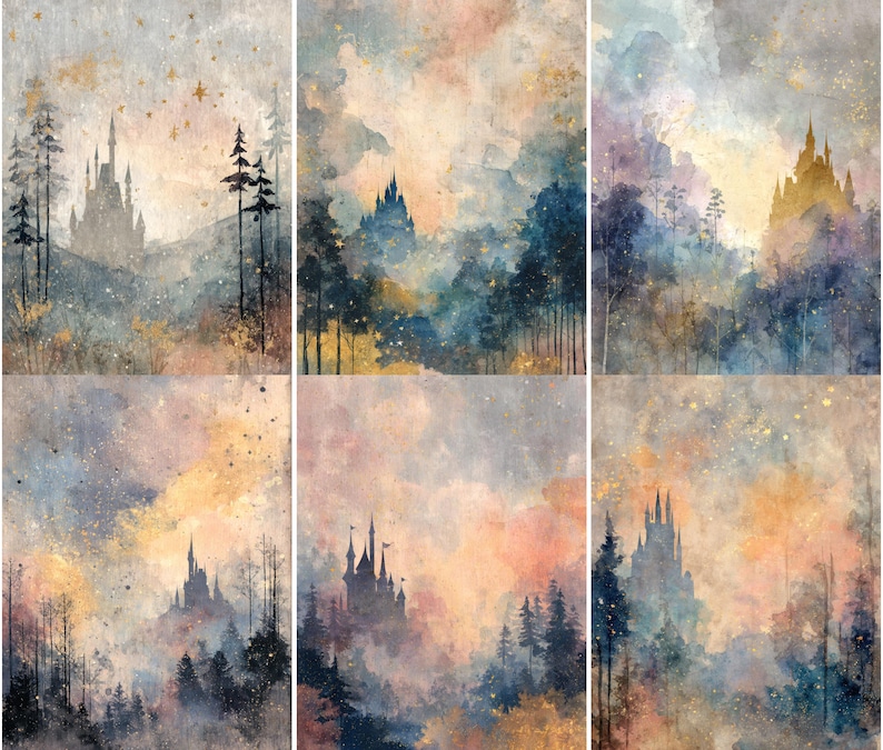 May include: A set of six watercolor art prints featuring fairytale castles nestled in misty forests. The artwork uses a soft color palette of blues, golds, and pinks, with a dreamy, ethereal quality. The prints evoke a sense of fantasy and wonder.