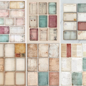 Op de afbeelding: Een verzameling vintage papieren ephemera in verschillende maten en kleuren. De papieren hebben verouderde texturen, stempels en handgeschreven elementen, met tinten beige, roze, blauw en bruin. Ideaal voor scrapbooking en knutselprojecten.