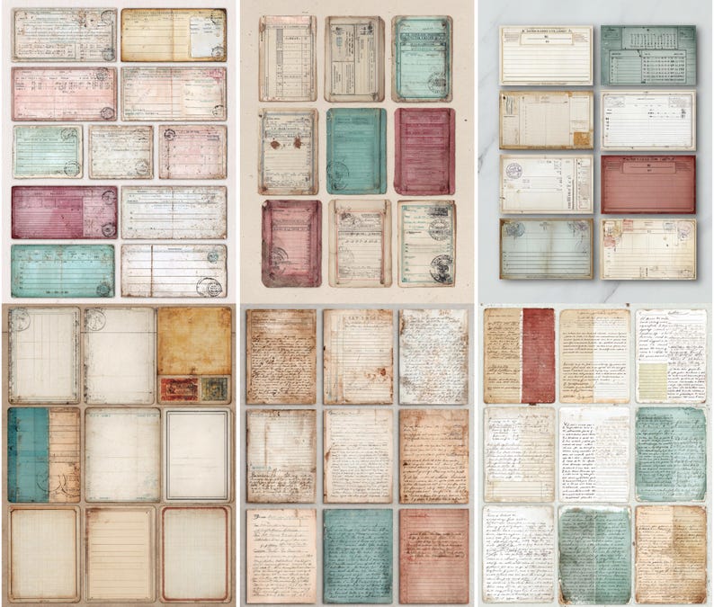 Op de afbeelding: Een verzameling vintage papieren ephemera in verschillende maten en kleuren. De papieren hebben verouderde texturen, stempels en handgeschreven elementen, met tinten beige, roze, blauw en bruin. Ideaal voor scrapbooking en knutselprojecten.