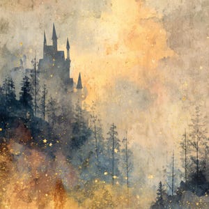 May include: Watercolor painting of a castle silhouette atop a forested hill, rendered in muted blues, browns, and golds. The artwork features a dreamy, atmospheric quality with a textured background and scattered golden accents, evoking a fairytale theme.