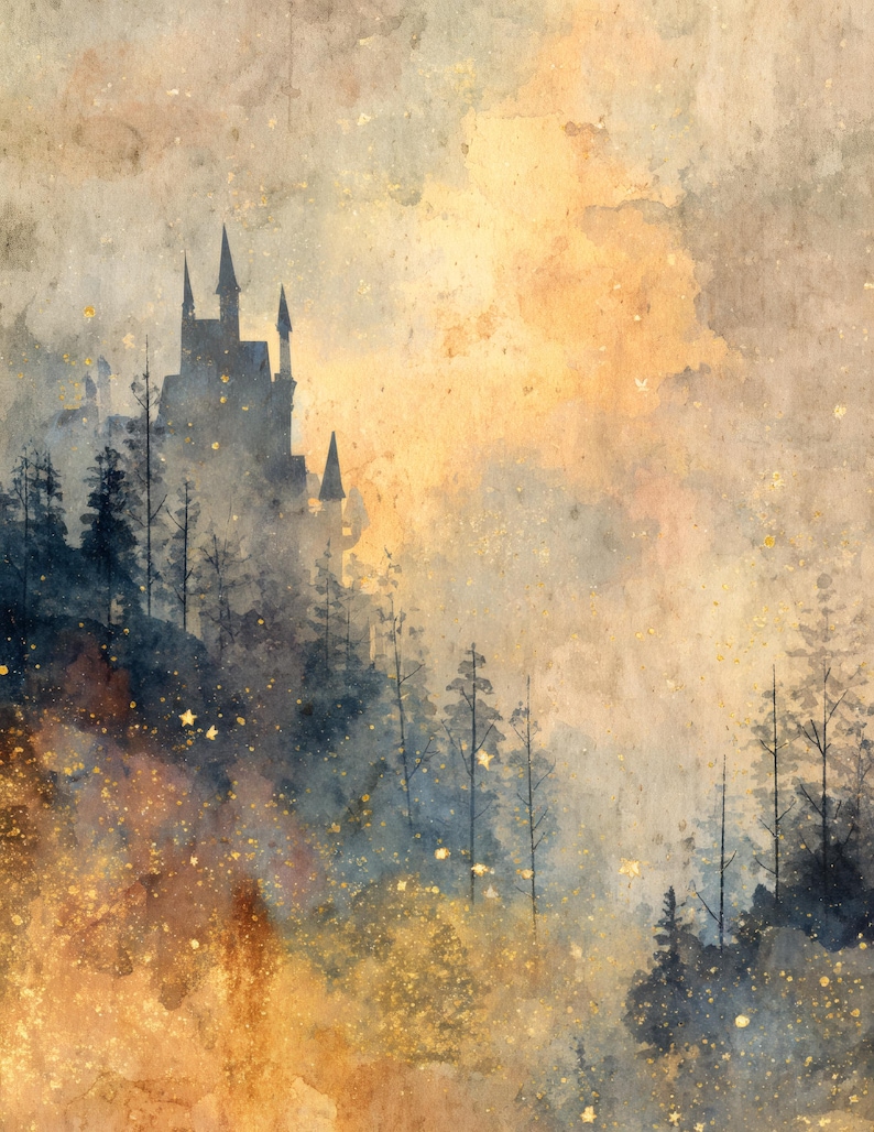 May include: Watercolor painting of a castle silhouette atop a forested hill, rendered in muted blues, browns, and golds. The artwork features a dreamy, atmospheric quality with a textured background and scattered golden accents, evoking a fairytale theme.