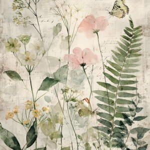 May include: Watercolor painting of wildflowers, ferns, and butterflies in soft pastel colors. The artwork features pink flowers, green foliage, and two butterflies against a backdrop of faded script. The overall aesthetic is vintage and botanical.