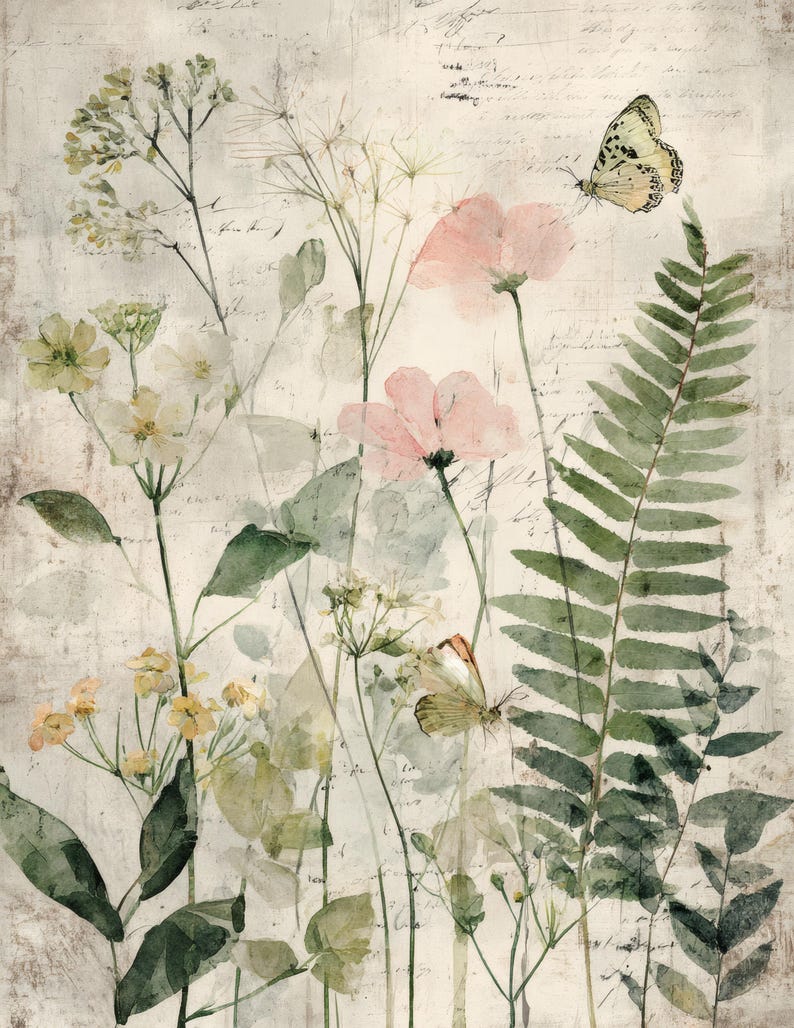 May include: Watercolor painting of wildflowers, ferns, and butterflies in soft pastel colors. The artwork features pink flowers, green foliage, and two butterflies against a backdrop of faded script. The overall aesthetic is vintage and botanical.