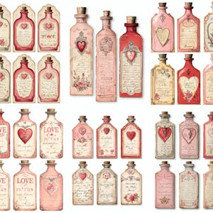 May include: A selection of vintage apothecary bottles and tags in pink, red, and cream hues. The bottles feature heart and floral designs, cork stoppers, and decorative labels. Some bottles have the word "LOVE" printed on them.
