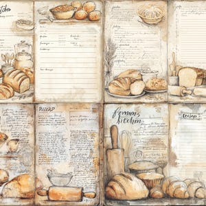 Puede incluir: Ilustración en acuarela de un libro de cocina vintage con pan, tartas y utensilios de repostería. Las páginas presentan recetas manuscritas y las palabras "grams kitchen" y "kitchen". La paleta de colores es cálida, con tonos marrones y beige.