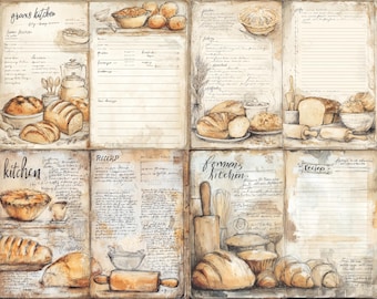 Könnte beinhalten: Aquarellillustration eines Vintage-Kochbuchs mit Brot, Kuchen und Backutensilien. Die Seiten zeigen handgeschriebene Rezepte und die Wörter "grams kitchen" und "kitchen". Die Farbpalette ist warm, mit Braun- und Beigetönen.