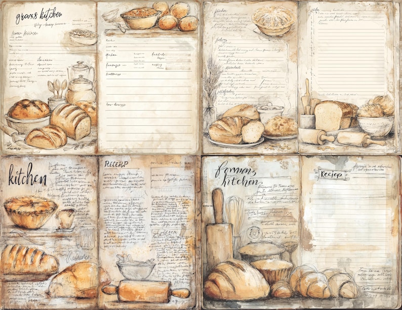 Vintage Recipe Junk Journal Kit, 12 Printable Kitchen Pages With Bread ...