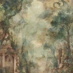 May include: Watercolor painting of a fantasy forest scene with ancient ruins and a dragon. The artwork features a muted color palette of greens, browns, and beige, with detailed trees, foliage, and architectural elements.
