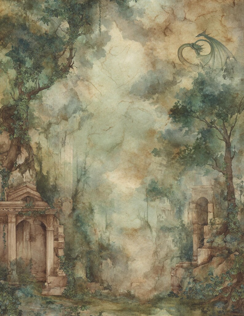 May include: Watercolor painting of a fantasy forest scene with ancient ruins and a dragon. The artwork features a muted color palette of greens, browns, and beige, with detailed trees, foliage, and architectural elements.