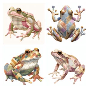 May include: Four frogs depicted in a patchwork style, each featuring a unique combination of plaid, checkered, and solid fabric patterns in muted tones of pink, green, blue, and tan. The frogs are shown in various poses, including sitting and crouching.