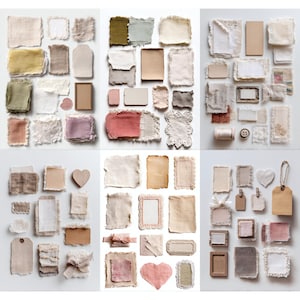 May include: An assortment of fabric swatches, paper tags, and decorative elements in neutral tones. The arrangement includes pieces of linen, lace, and paper in shades of beige, cream, and pink, along with a wooden heart and small frames.