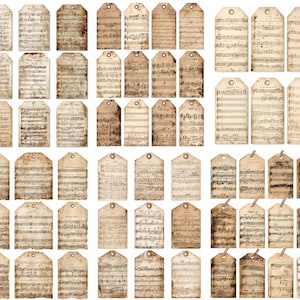 May include: A collection of vintage-style paper tags with musical notation printed on them. The tags have a distressed, aged appearance with varying shades of brown and beige. Each tag has a hole at the top for hanging, suggesting use as gift tags or decorative elements.