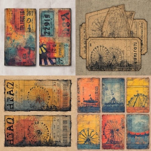 May include: A collection of vintage-style tickets and ephemera. The tickets feature colorful, distressed designs with Ferris wheels, circus tents, and various text elements. The color palette includes shades of orange, blue, and yellow.