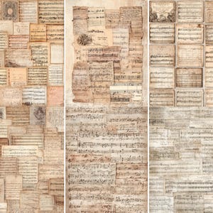 May include: A collage of antique sheet music fragments in varying sizes and shapes. The paper has aged to shades of beige and brown, with visible musical notations and handwritten text. The arrangement creates a vintage, textured background.