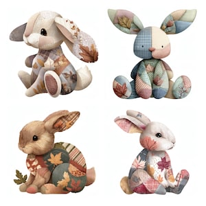 May include: Four plush rabbit figures featuring patchwork designs with autumn leaf patterns, plaid textures, and soft fabric panels. Each bunny displays a unique combination of brown, tan, blue, and cream colors with stitched details and large ears.