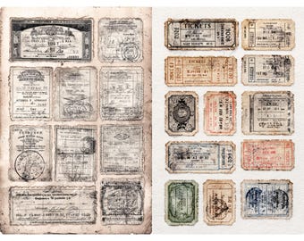 Hoja de collage imprimible de boletos de rifa vintage con talones de precio y etiquetas retro. Recortes de efímeras antiguas para manualidades de diario basura.