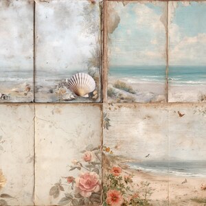 May include: A vintage collage featuring beach and floral illustrations. The top panels show ocean scenes with a seashell, while the bottom panels feature roses. The colour palette includes muted blues, beige, and soft pinks.