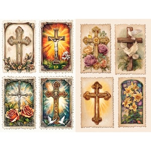 May include: A collection of eight vintage-style religious art prints featuring crosses. The prints showcase various cross designs, including crucifixes, adorned with floral elements, doves, and stained-glass effects. The color palette includes gold, brown, and pastel hues.