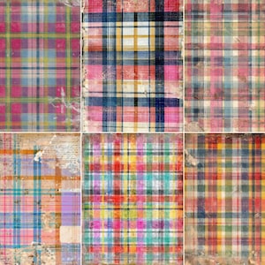 May include: A collection of six vintage plaid patterns in different colour schemes. The designs feature intersecting lines forming squares and rectangles, with a distressed, aged appearance. Colours include pink, blue, yellow, green, and orange.
