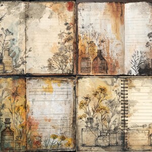 Puede incluir: Un diario de estilo vintage con papel envejecido, ilustraciones botánicas y frascos de boticario. Las páginas están adornadas con aguadas de acuarela en tonos tierra, con bocetos florales y de hierbas. El diario tiene encuadernación en espiral y páginas rayadas.