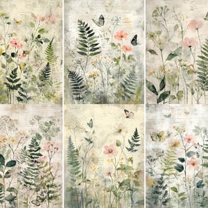 May include: A collage of six panels featuring watercolor illustrations of wildflowers, ferns, and butterflies. The artwork has a vintage aesthetic with soft colors, including pink, green, and yellow, set against a textured, off-white background.