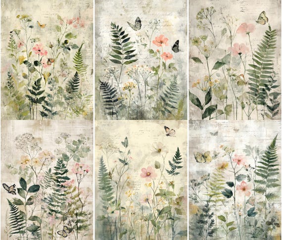 Shabby Chic Botanical Junk Journal Pages, Wildflower Printable Paper, Vintage Garden Background, Butterfly Ephemera, Floral Writing Sheets