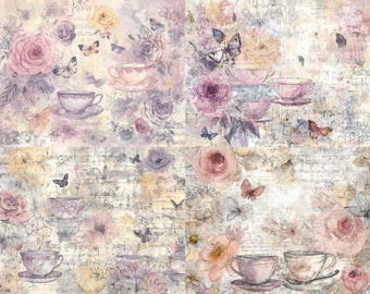 Whimsical Tea Junk Journal Pages, Shabby Chic Paper Crafts, Scrapbooking Background Sheets, Journaling Collage Supplies, Digital Download