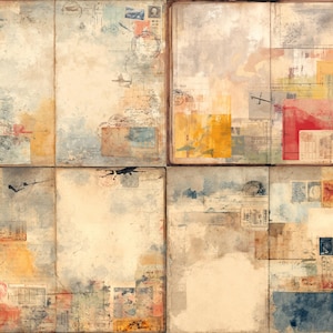 May include: A vintage collage artwork composed of four open book pages. The pages are adorned with layered elements such as postage stamps, handwritten notes, and colourful abstract shapes in red, yellow, blue, and brown. The overall aesthetic is aged and textured.