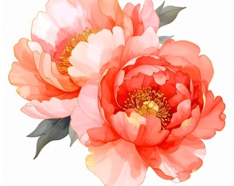 12 Peony Wall Art Red Coral Flower Print Gold Edge Peony Artwork Alcohol Ink Style Floral Poster Modern Botanical Art For Living Room Decor