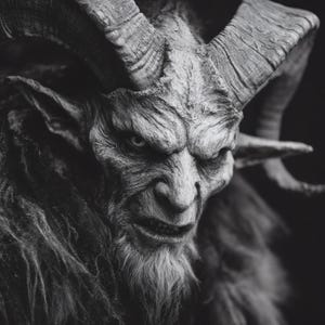 May include: A grayscale image of a demonic creature with large, textured horns and a stern expression. The creature has a long, white beard and fur around its neck. The image is a close-up, emphasizing the details of the face and horns.