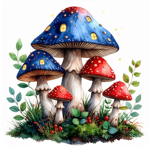 May include: Watercolor illustration of a whimsical mushroom scene. Five mushrooms with blue and red caps, white stems, and tiny window details. The mushrooms are surrounded by green grass, leaves, and red berries, creating a fairy tale aesthetic.