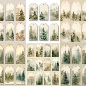 Peut inclure: Ensemble d'étiquettes cadeaux en papier avec des illustrations à l'aquarelle d'arbres à feuilles persistantes et de scènes de forêt brumeuse. Les étiquettes ont une esthétique vintage et rustique avec une palette de couleurs neutres.