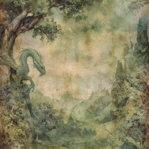 May include: An antique-style fantasy landscape illustration. A green dragon perches on a tree branch, overlooking a valley with a castle in the distance. The artwork features a muted color palette of greens, browns, and blues, with a textured, aged appearance.