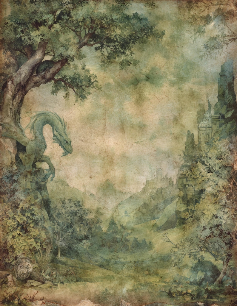 May include: An antique-style fantasy landscape illustration. A green dragon perches on a tree branch, overlooking a valley with a castle in the distance. The artwork features a muted color palette of greens, browns, and blues, with a textured, aged appearance.
