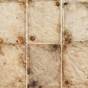 May include: A collection of six aged paper sheets with a vintage aesthetic. Each sheet has a beige background with brown stains, spots, and a distressed border. The papers have a worn, antique appearance, suitable for scrapbooking or crafting.