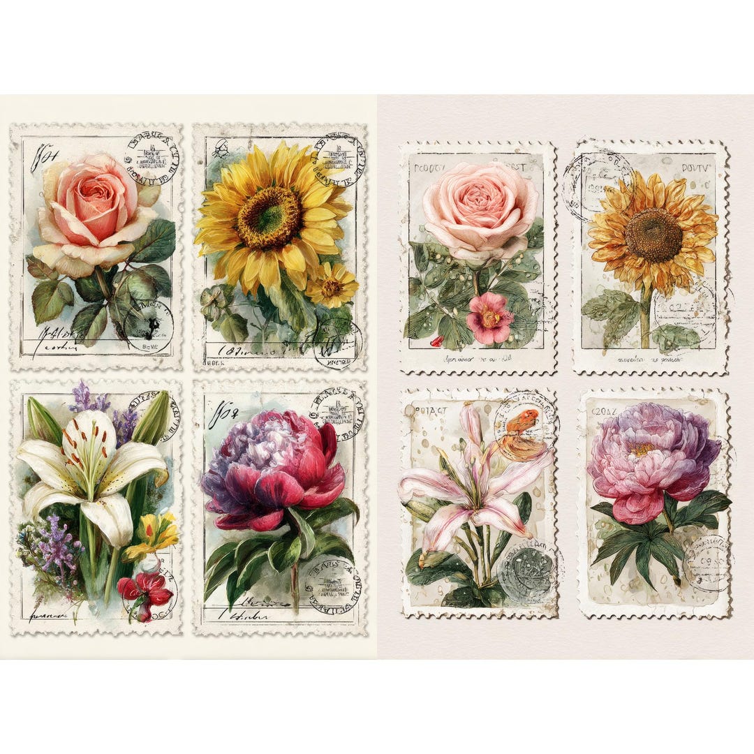Vintage Floral Postage Stamp Set With Watercolor Garden Ephemera ...