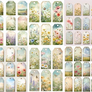 May include: A collection of vintage-style gift tags featuring watercolor illustrations of wildflowers, butterflies, and scenic landscapes. The tags have a distressed, aged appearance with soft pastel color palettes, perfect for crafting and scrapbooking projects.