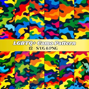 May include: A selection of camouflage patterns in a variety of bright colours. The designs incorporate red, orange, yellow, green, blue, and purple. Text on a yellow banner reads "LGBTQ+ Camo Pattern 12 - SVG & PNG".