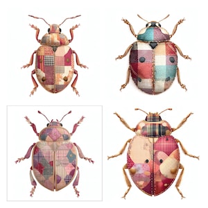 May include: Four stylized beetle illustrations featuring patchwork designs. Each insect displays a unique combination of plaid, checkered, and solid fabric patterns in various colors including red, blue, pink, and tan, with visible stitching details.