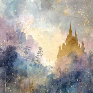 May include: Watercolor painting of a castle silhouette at sunset. The artwork features a dreamy landscape with a color palette of blues, purples, and gold. The image has a textured, vintage feel with gold flecks.