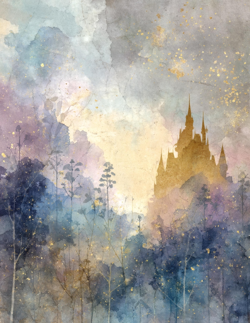 May include: Watercolor painting of a castle silhouette at sunset. The artwork features a dreamy landscape with a color palette of blues, purples, and gold. The image has a textured, vintage feel with gold flecks.